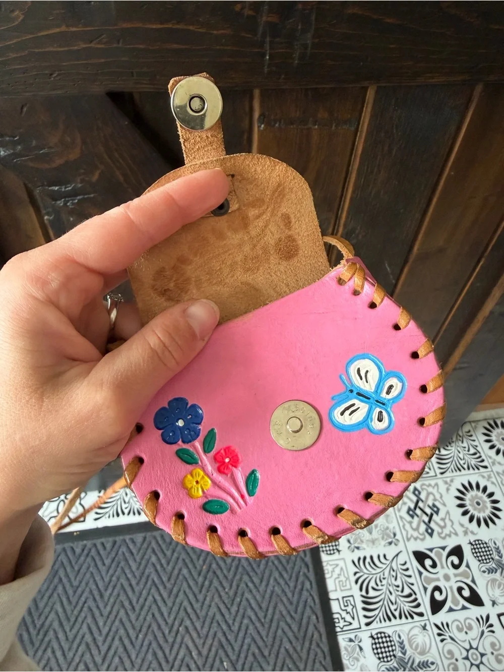 Vintage Hecho en Mexico Pink Leather Hand Painted Floral Butterfly Mini Purse